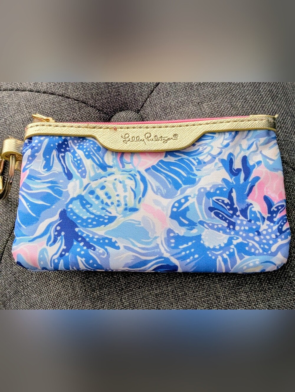 Lilly Pulitzer ID & Coin Zip Pouch Key Ring Blue Pink Waterproof Wristlet Wallet